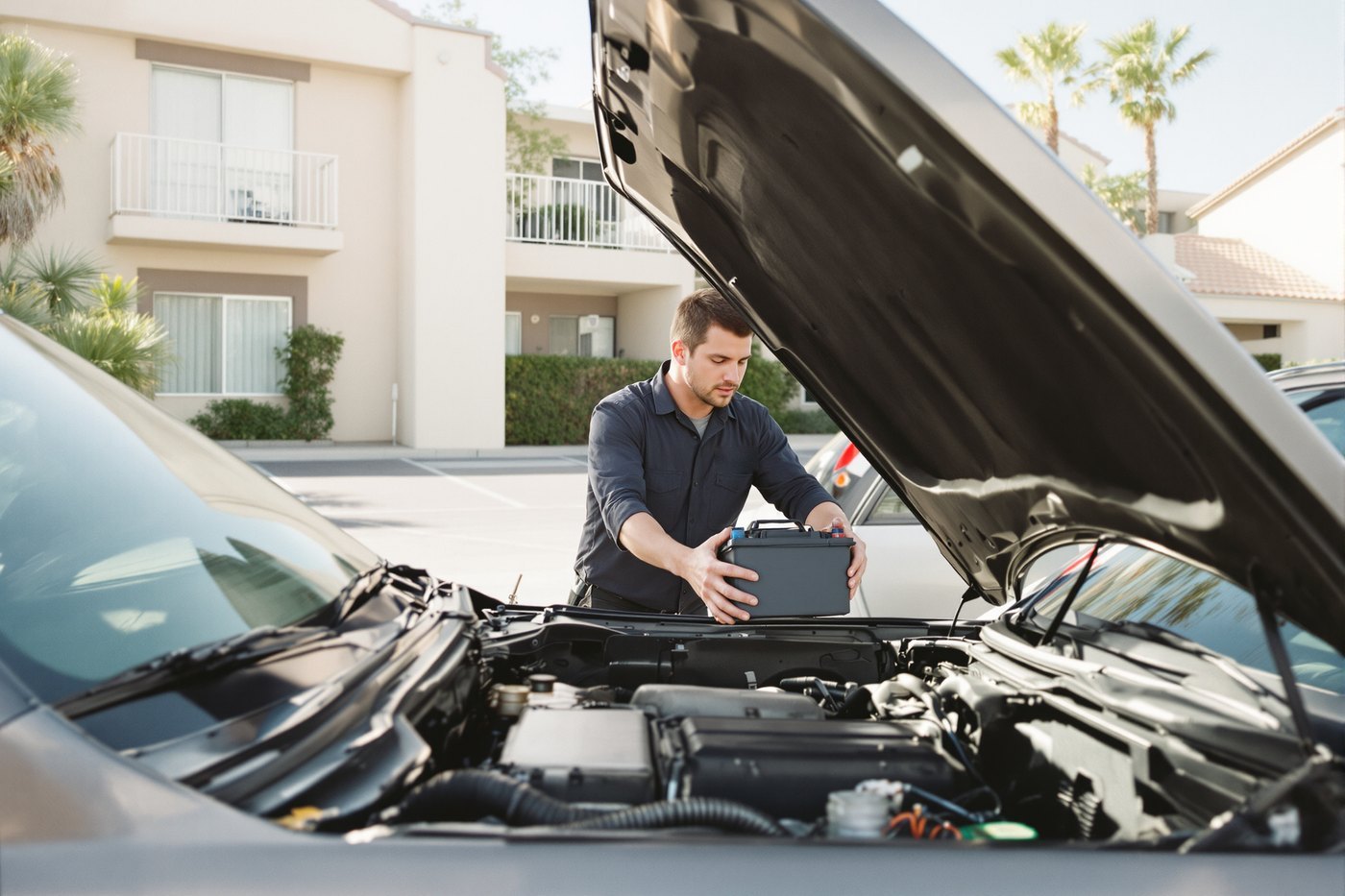 Independent ASE-certified mobile mechanic working on a car's tire and brakes at a roadside location in Phoenix, Arizona