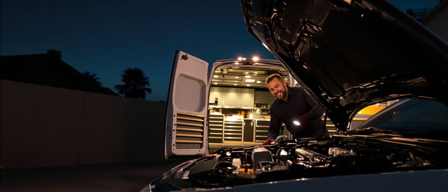 Mobile mechanic performing a battery and tire check on a car parked in a Surprise, Arizona driveway