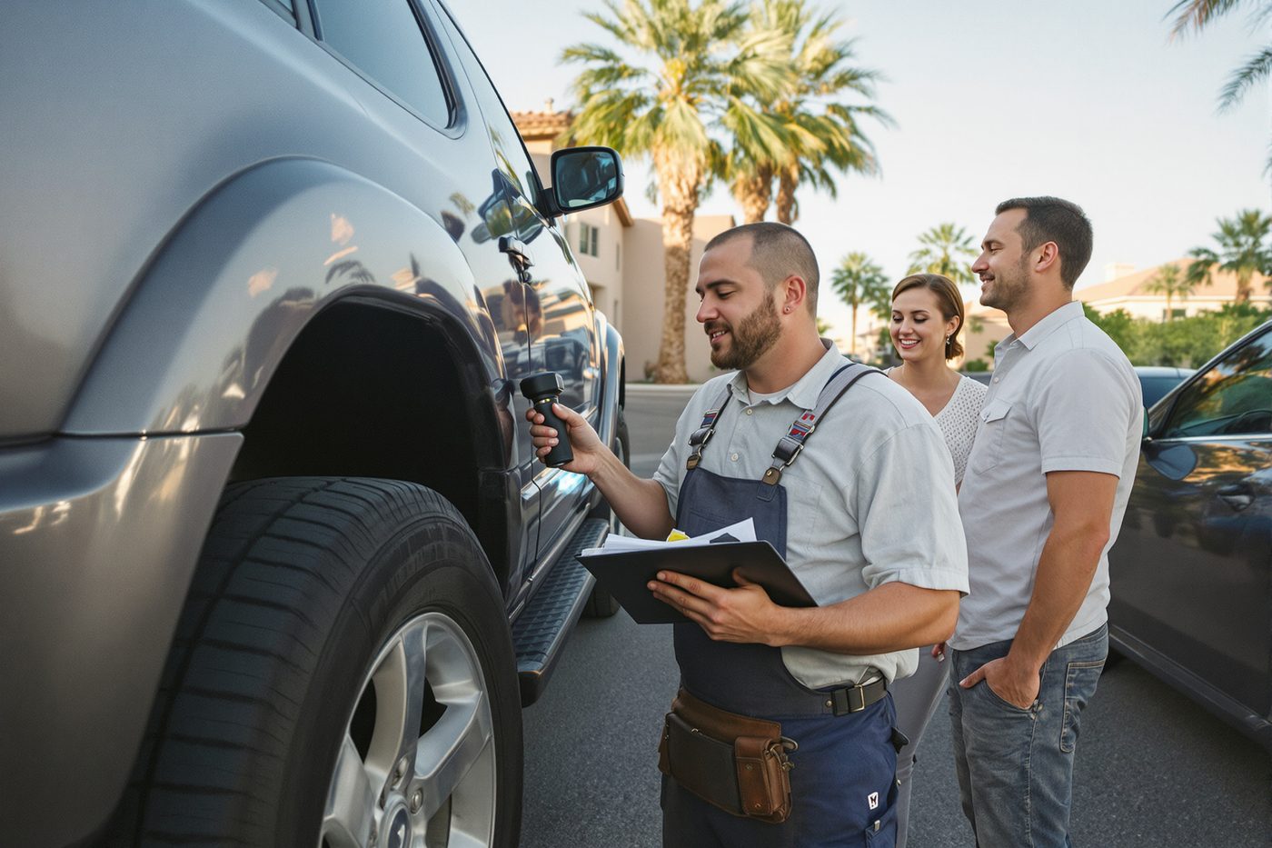 Mobile mechanic replacing a car battery in a Phoenix, AZ driveway