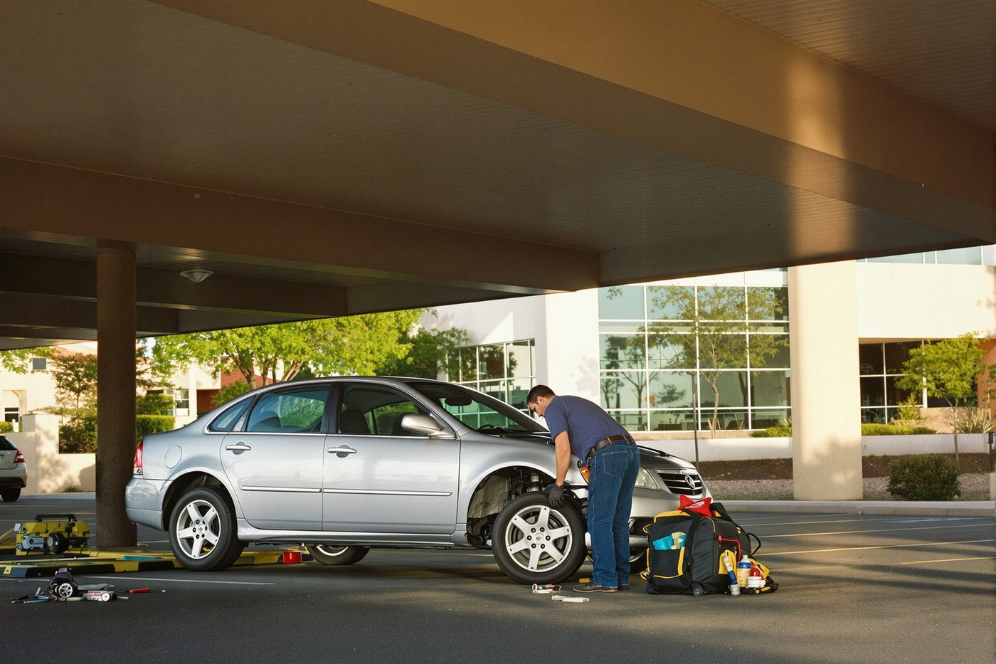 Mobile mechanic repairing a car battery at a driveway in Phoenix, Arizona