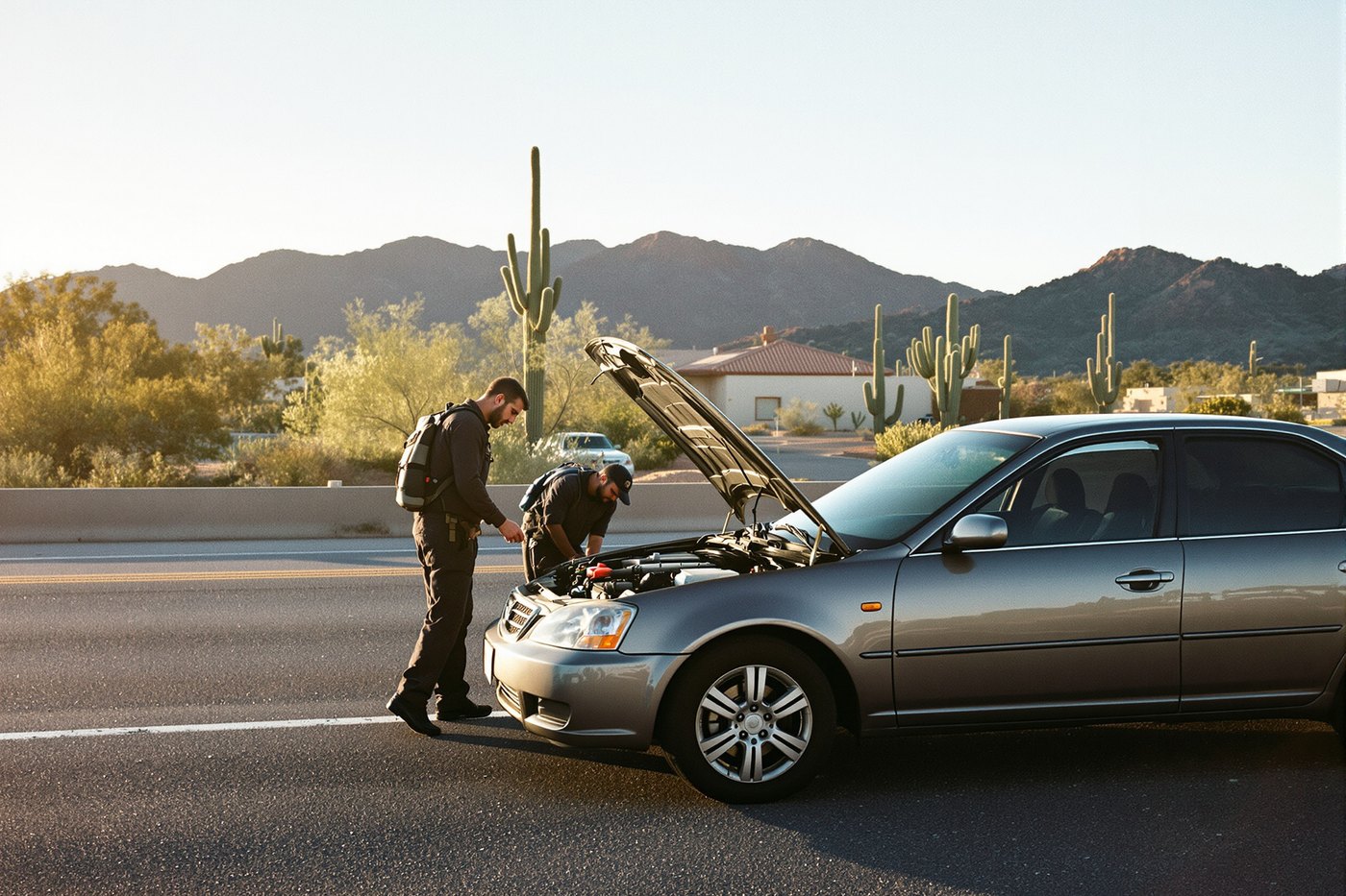 ASE-certified mobile mechanic performing a battery check on a car parked in a Glendale, AZ driveway